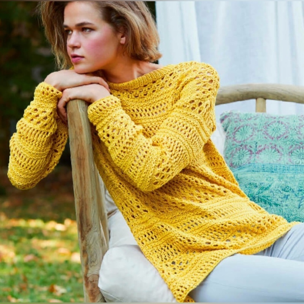 KNITWEAR F&F Golden Rod -Open Weave -Crochet Knit Sweater- Bell Sleeve-Sz S-M ☀️